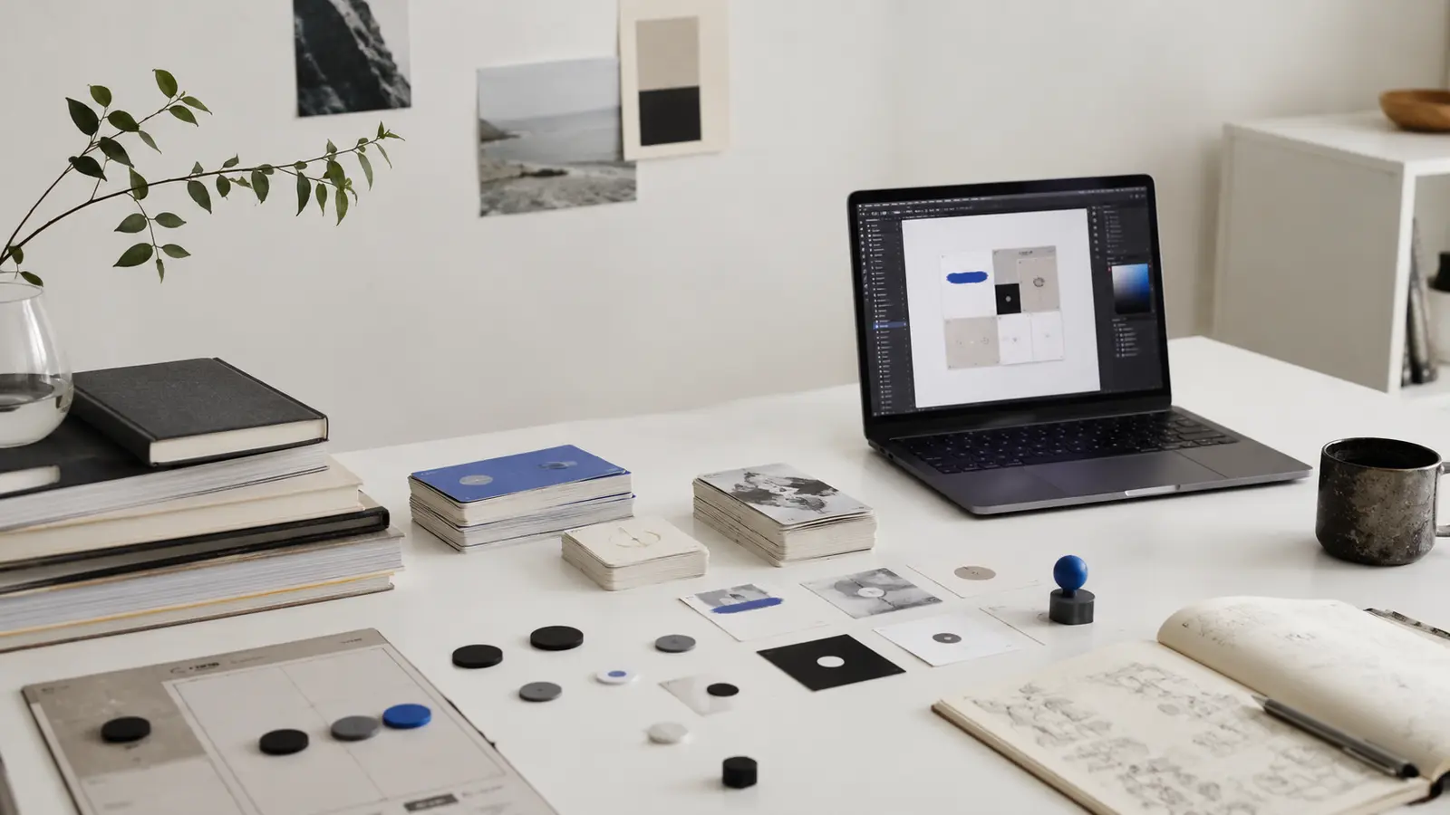 A bright studio worktable with books, cards, tokens, and a laptop
